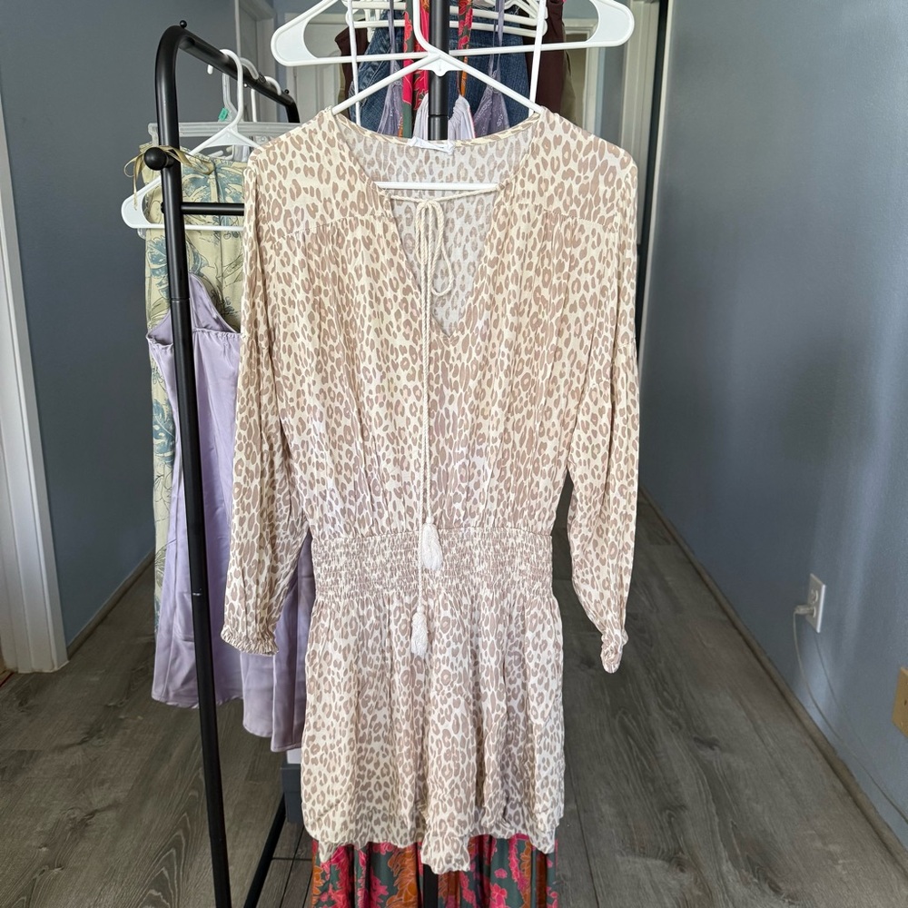 Elegant Beige Animal Print Long Sleeve Dress